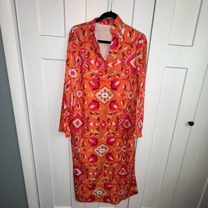 Orange Long Sleeve Sheath Dress with Notched Collar